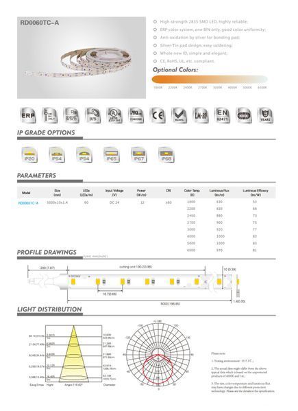 LED стрічка RISHANG 64-2835-24V-IP20 6W 880Lm 3000K 5м (RD0064TC-A-WW) RD0064TC-A-WW фото