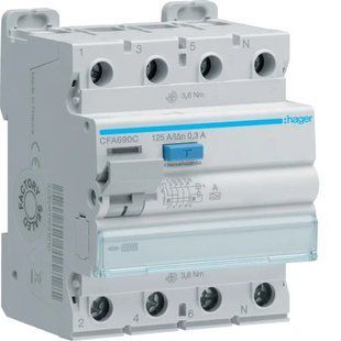 Устройство защитного отключения (УЗО) 4P, 125 А, 300 мА, тип A, 10 кА Hager CFA690C фото