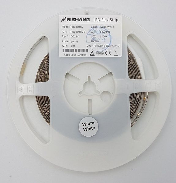 LED лента RISHANG 60-2835-12V-IP20 6W 535Lm 6000K 5м (RD0860TA-B-PW) RD0860TA-B-W фото