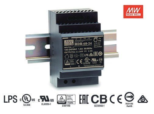 Блок питания Mean Well на DIN-рейку 60W DC24V (HDR-60-24) на DIN-рейку 60W DC24V (HDR-60-24) HDR-60-24 фото