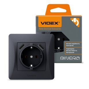 Розетка 1-на з заземленням та 2хUSB чорний графіт VIDEX BINERA VF-BNSK1GU2-BG фото