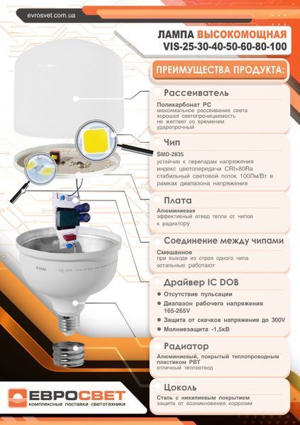 Светодиодная лампа высокой мощности ЕВРОСВЕТ 50 Вт 6400 К (VIS-50-E40) 000040896 фото