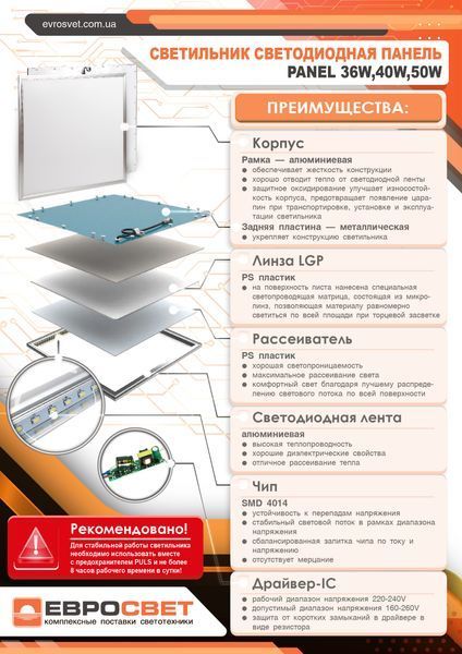 Світильник світлодіодна панель ЕВРОСВЕТ 50Вт PANEL 6400K 4200Лм 000040901 фото