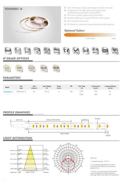 LED лента RISHANG 96-3528-24V-IP20 9W 2700K/6500K 5м (RD0096BC-B-MW) RD0096BC-B фото