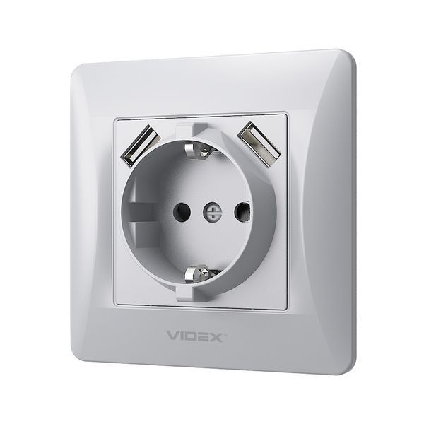 Розетка 1-на із заземленням та 2хUSB срібний шовк VIDEX BINERA VF-BNSK1GU2-SS фото