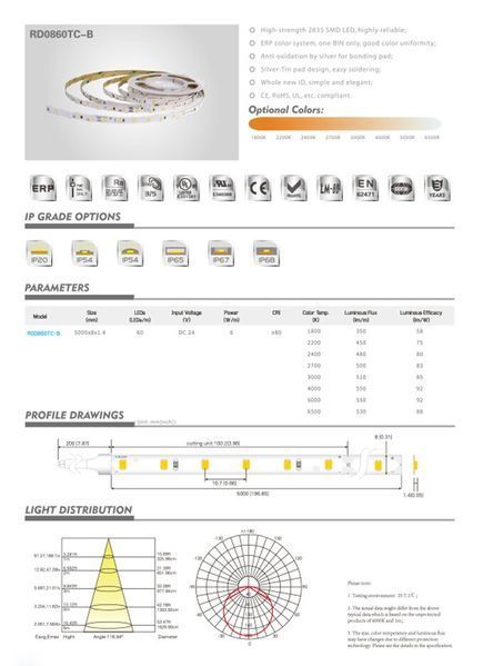 LED стрічка RISHANG 60-2835-24V-IP20 6W 530Lm 6500K 5м (RD0860TC-B-W) RD0860TC-B-W фото