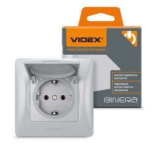 Розетка 1-на із заземленням та кришкою срібний шовк VIDEX BINERA VF-BNSK1GС-SS фото
