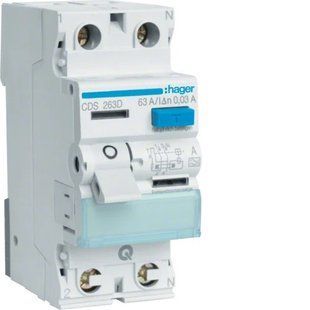 Устройство защитного отключения (УЗО) QC, 2P, 63 А, 30 мА, тип A, клеммы QuickConnect Hager CDS263D фото