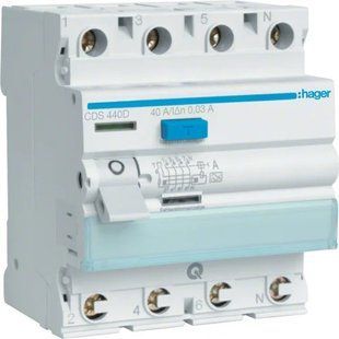 Устройство защитного отключения (УЗО) QC, 4P, 40 А, 30 мА, тип A, клеммы QuickConnect Hager CDS440D фото